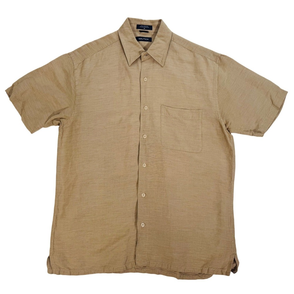 Nautica Men's Tan Linen & Rayon Blend Short Sleeve Button Down Shirt Size M - Picture 2 of 9